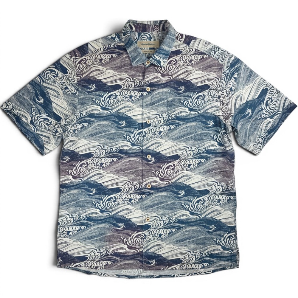 Tommy Bahama Great Wave Silk Camp Shirt Mens XL Blue Nautical Original Fit‎